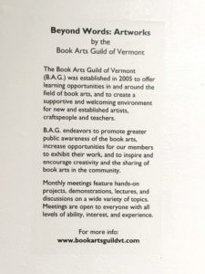 Exhibit sign - Book Arts Guild of Vermont 2018 exhibit at Studio Place Arts