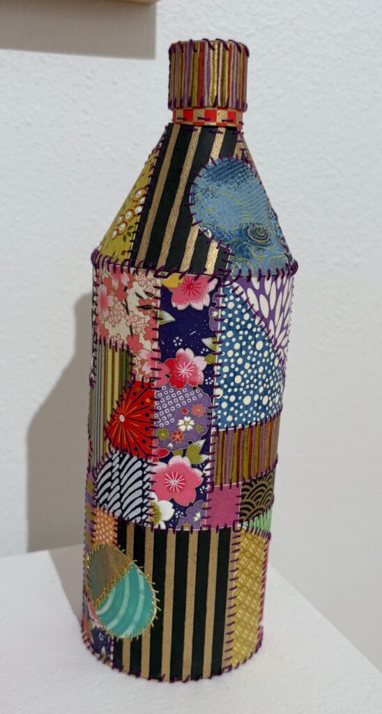 Paper sculpture - Crazy Quilt Bottle by Karen Krieger